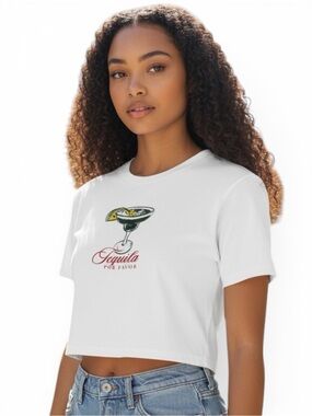 Cute Cropped Tee "Tequila Por Favor" Graphic  Tee — White, size S